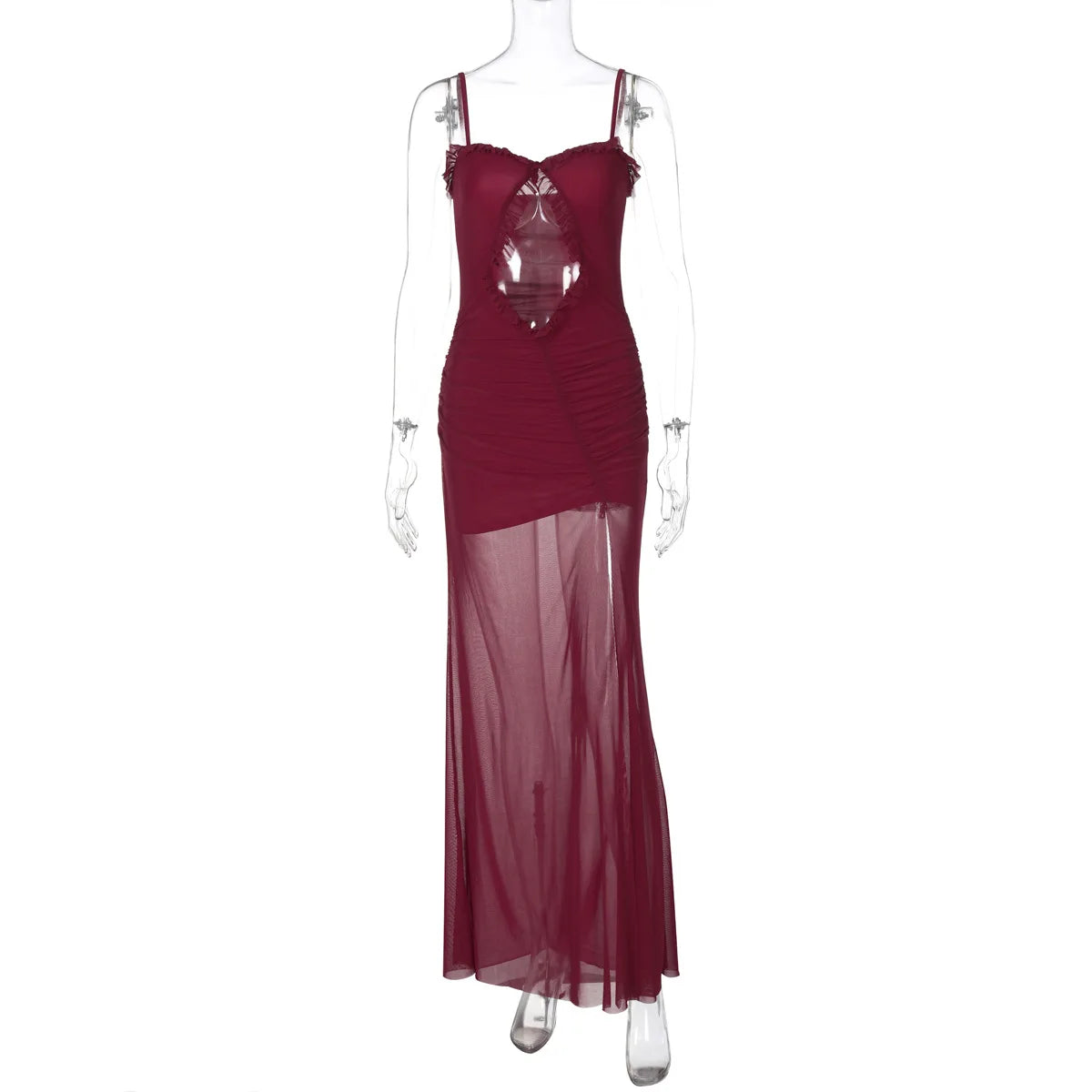 Aiertu  -  2025 Spring Hollow Out Ruffles Mesh Camisole Maxi Dress Women Sexy Strapless Spaghetti Straps Backless Ruched Party Long Robe Aiertu