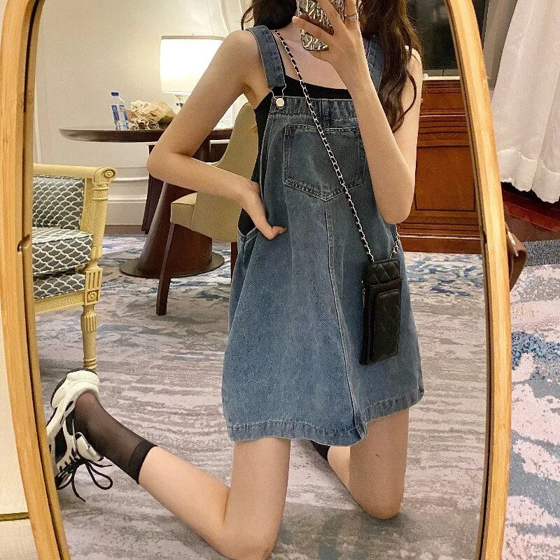 Aiertu Korean 2000s Fashion Denim Dresses for Large Women Plus Size Summer Casual Teen Strap Retro Jeans Loose Overall Dress Women Aiertu