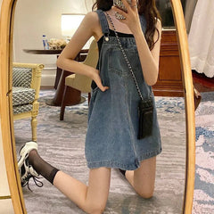 Aiertu Korean 2000s Fashion Denim Dresses for Large Women Plus Size Summer Casual Teen Strap Retro Jeans Loose Overall Dress Women Aiertu
