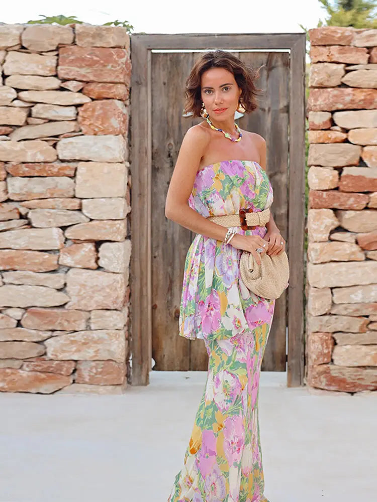 Aiertu  -  Strapless Layered Printed Dress Flower Off Shoulder Backless Layers Slimming Seaside Beach Women Long Dress Fashion Robes Summer Aiertu