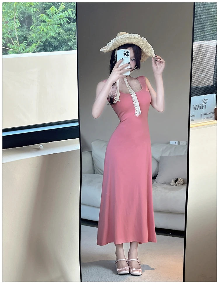 Aiertu  -  Spice Girl Sexy Strap Dress Women's Summer Sleeveless Slim A-line Solid Color Long Dress Fashion Female Clothes Aiertu