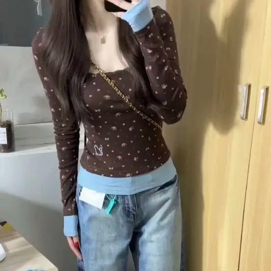 Aiertu  Harajuku Sweet Spliced Constrast Color Slim Fit T Shirt  High Street  Y2k Aesthetic Clothes Women Floral Print Japan Crop Top Aiertu