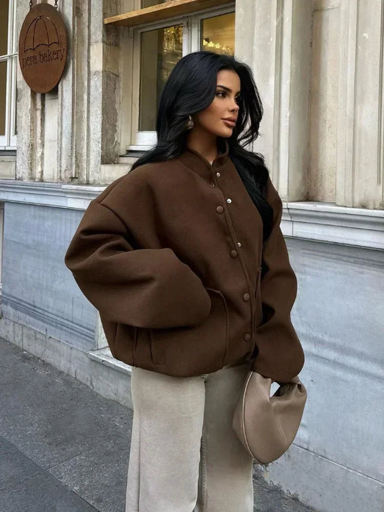 Aiertu  -  Fashion Single Breasted Big Pockets Bomber Jackets Women Casual Loose Long Sleeve Button Coats 2026 Female Vintage Outerwears Aiertu