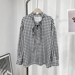 Aiertu  -  Elegant Plaid Lace Up Women Shirts 2026 Spring Ruffle Long Sleeve Single Breasted Simple Blouses Female Casual Loose Lady Tops Aiertu