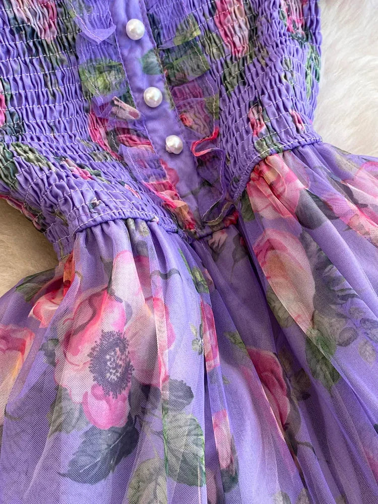 Aiertu Summer Women Floral Mesh Midi Dress Sweet Square Collar Short Puff Sleeve Ruffle Vestidos Female Elegant Purple/Green/Red Robe Aiertu
