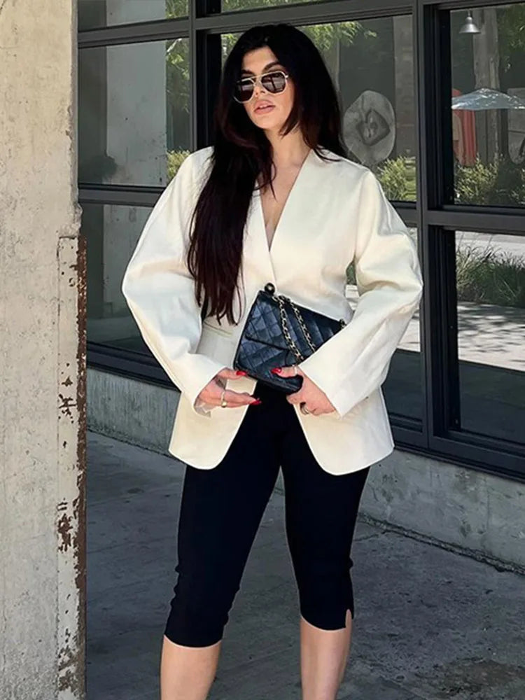 Aiertu  Elegant Slim Blazer Suit Women V Neck Metal One Button Long Sleeve Shoulder Pads Jacket 2025 Spring New Office Lady Outerwears Aiertu