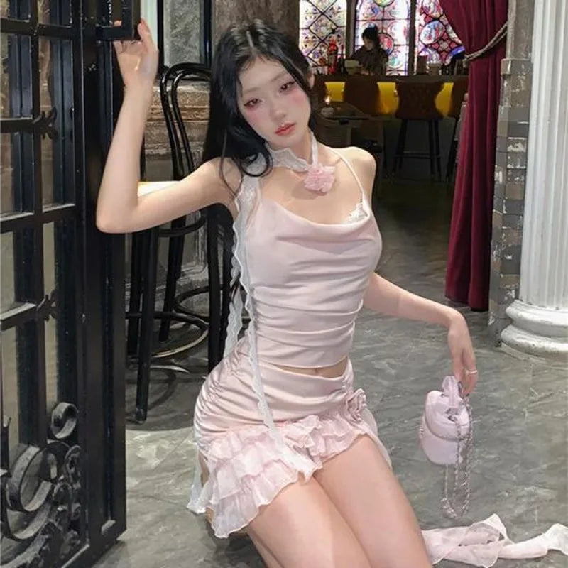 Aiertu  -  Sweet Hot Girl Sexy Suit Women's Summer Lace Camisole Vest High Waisted A-line Short Skirt Two-piece Set Fashion Female Clothes Aiertu