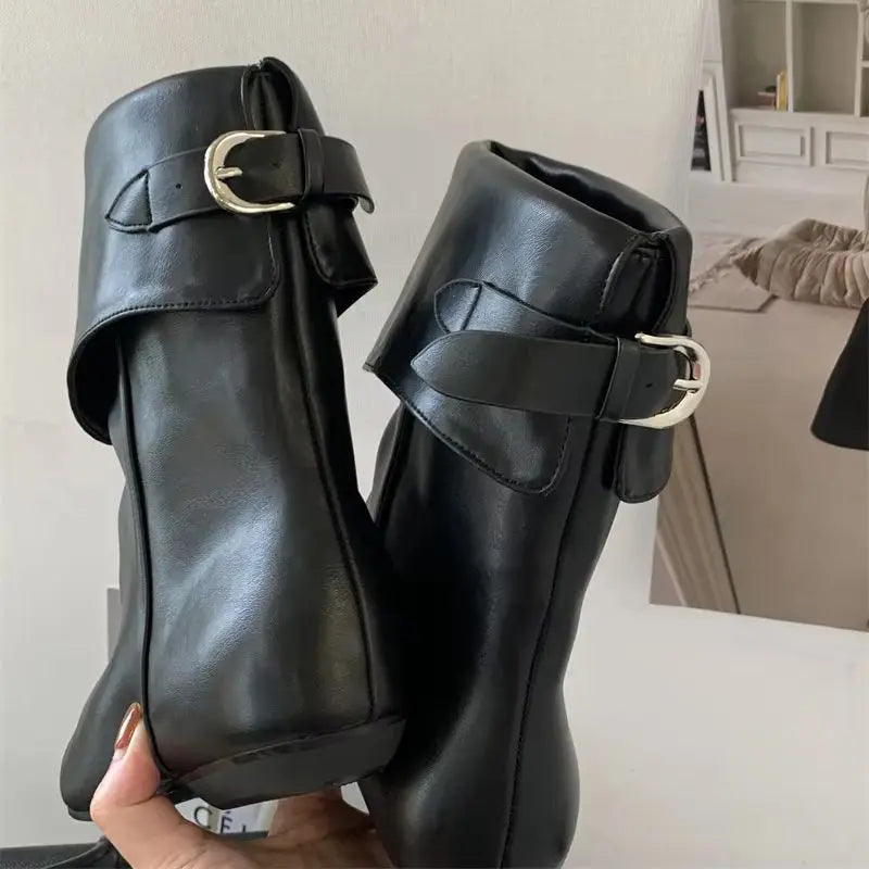 Black Ankle Boots For Woman Fall Short Shoes Casual Back Buckle Ladies Boots Low Heel Square Toe Designer Shoes Bottes Femme Aiertu