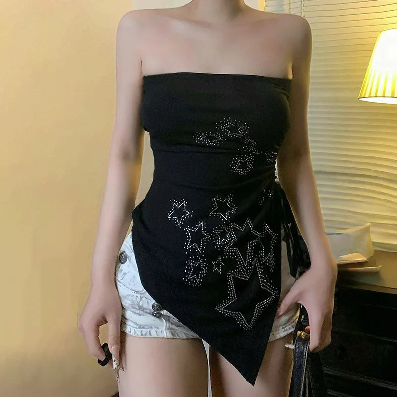 Aiertu  -  European American dark wind star hot diamond irregular chest wrap top Spice girl sexy backless design sense lace-up vest woman Aiertu