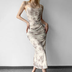 Aiertu - Floral Print Slit Mesh Maxi Dress Aiertu