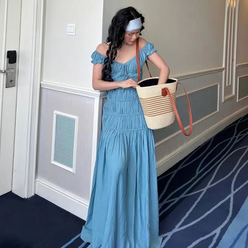 Aiertu  -  Sexy Deep V-neck Pleated Maxi Dress For Women Elegant Fashion Backless Slim Fit Solid Color Sexy Holiday Birthday Dress Aiertu