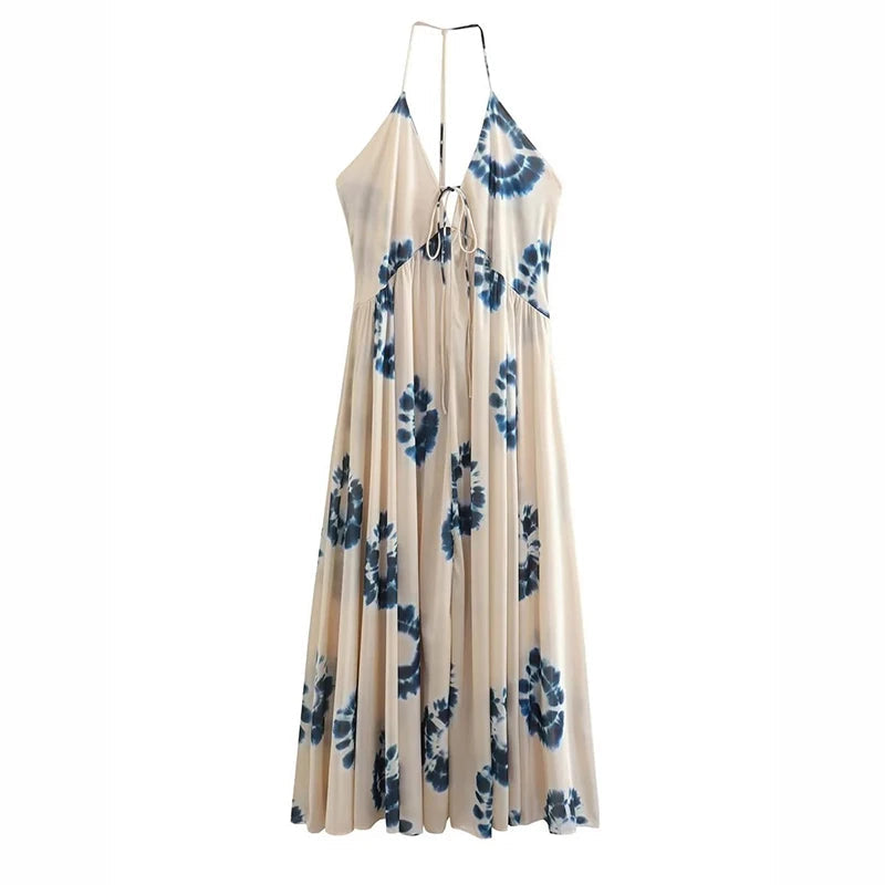 Aiertu  -  Summer New V-neck Print Sexy Backless Casual Comfortable Holiday Style Dress Long Dress Aiertu