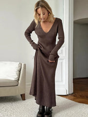 Aiertu  -  Women Knitted V-Neck Maxi Dress Slim Long Sleeve Ribbed Sexy High Waist Party Dresses Elegant Lady Solid Long Skirt 2026 Autumn Aiertu