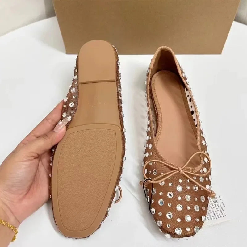 Aiertu  -  Luxury Rhinestones Women Shoes Spring Shallow Breathable Mesh Round Toe Bling Bowtie Elegant Ballet Flats for Female Aiertu