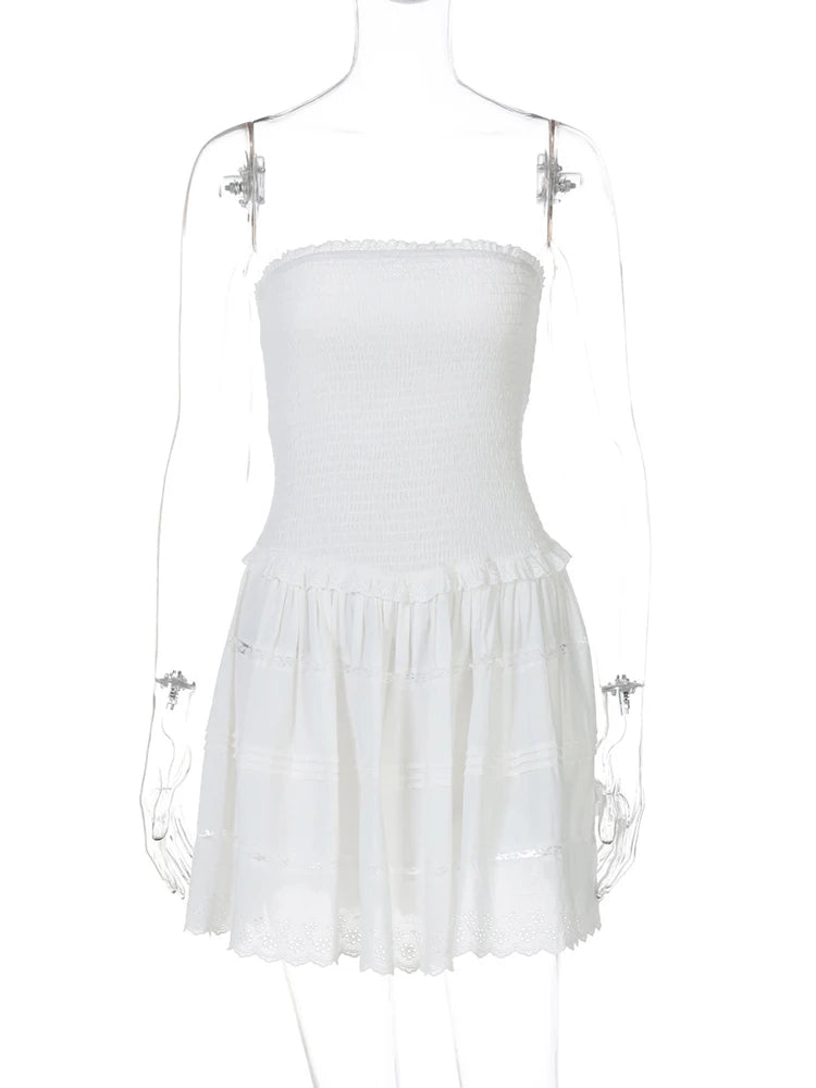 Aiertu  -  Fashion White Strapless Mini Dress For Women Slim Sleeveless Sexy Club Party Dress Sweet Ruched A-line Dress Female New Aiertu
