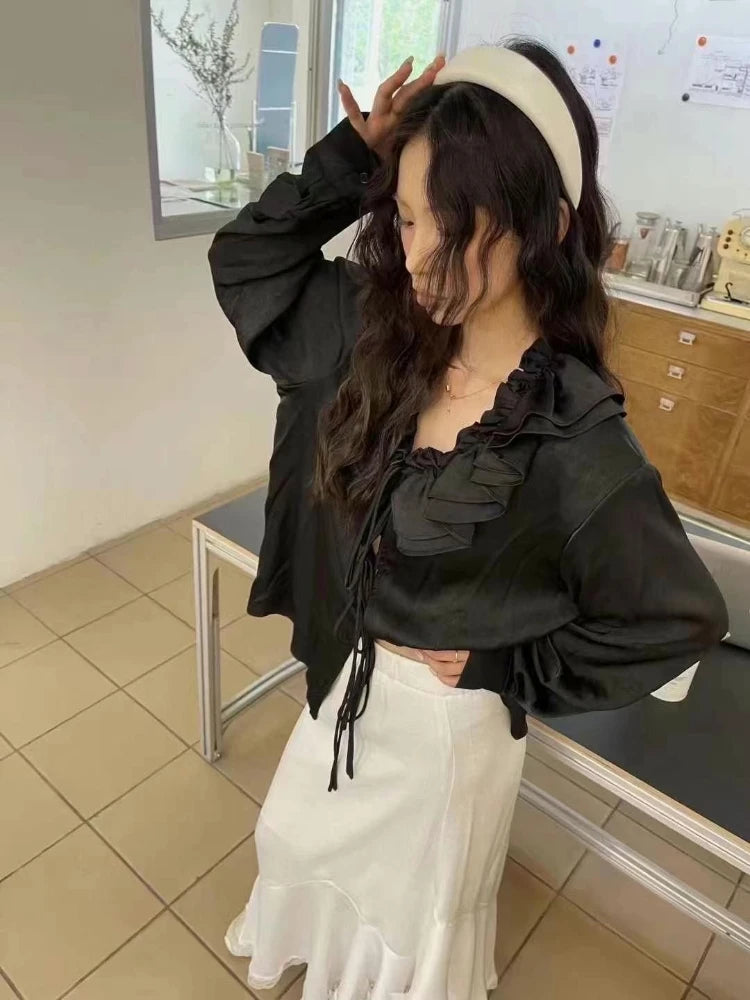 Aiertu  -  V Neck Ruffled Streetwear Oversized Women Sexy Bandage Solid Vintage Blouse Harajuku Tops Y2k Aesthetic Pleated Autumn Shirt Aiertu