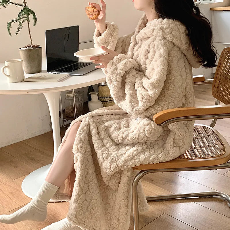 Aiertu  -  New Cute Womens Plush Soft Robe Fluffy Long Warm Fleece Bathrobe Winter Girls Sweet Fleece Robe Sleepwear Plush Thick Nightgown Aiertu