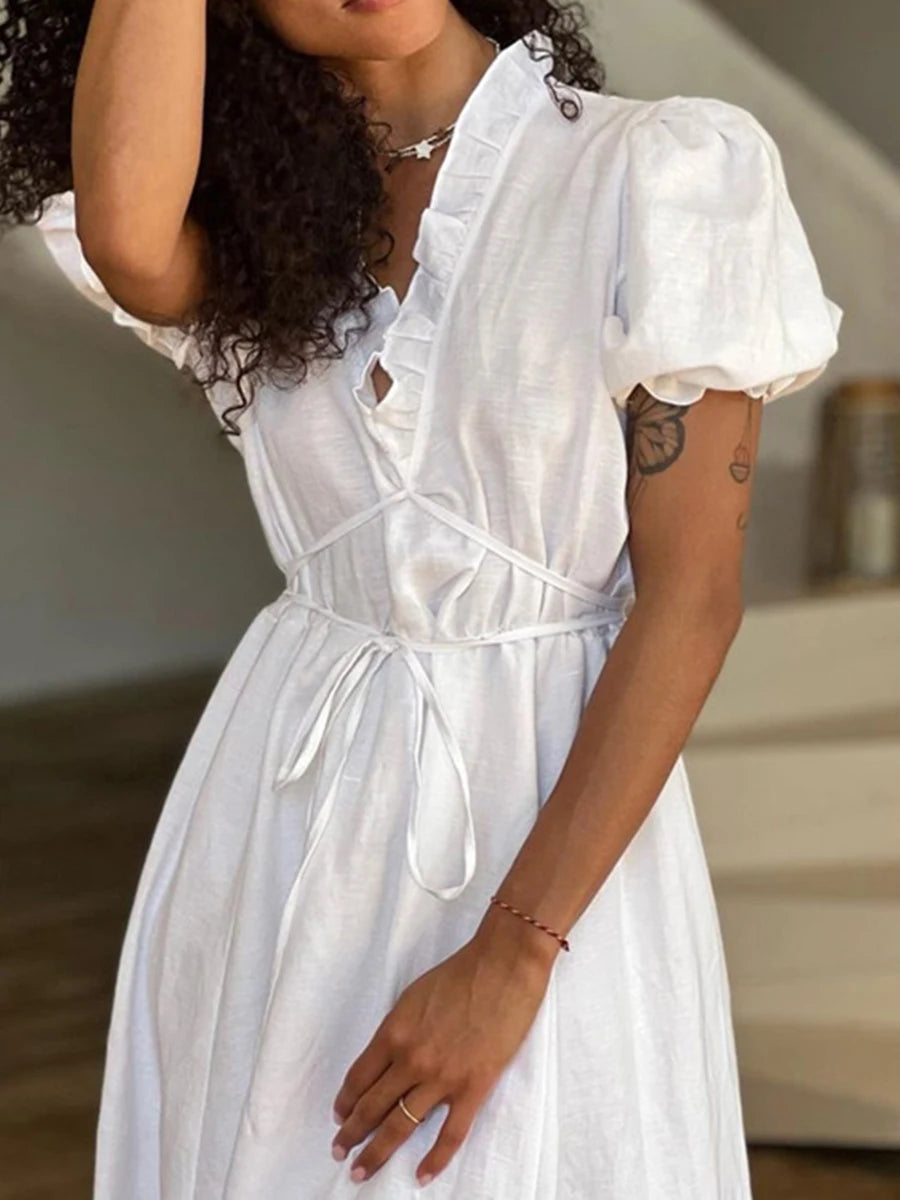 Aiertu  -  Summer White Elegant Holiday Long Dresses Women 2026 New V Neck Lace-up Puff Sleeve Maxi Dress Casual Fashion A-line Vestidos Aiertu