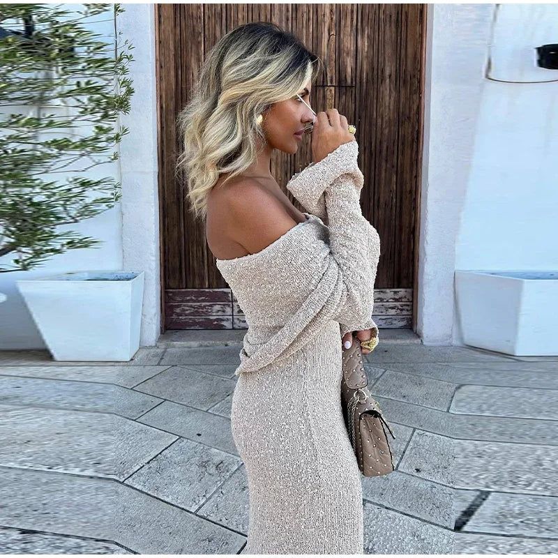Aiertu  -  Sexy Strapless Knit Dress Women Slim Hollow Out Female Long Sleeve Female Dresses 2026 Spring Summer Fashion Beach Holiday Robe Aiertu