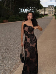 Aiertu  -  Black Rose Printed See Through Slim Long Dress Women Sexy Irregular Spaghetti Sleeveless Backless Vestidos Elegant Party Robe Aiertu