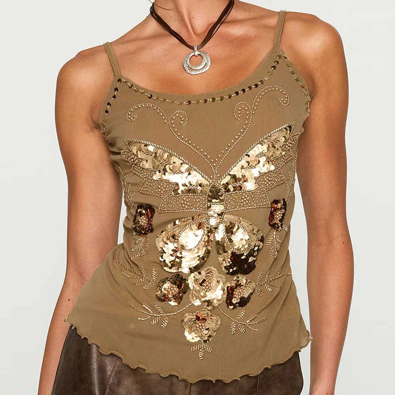 Aiertu  -  Y2k Women Sequin Tank Top Spathetti Strap Rhinestone Shirt Sparkle Glitter Butterfly Cami Crop Tops Going Out Streetwear Aiertu