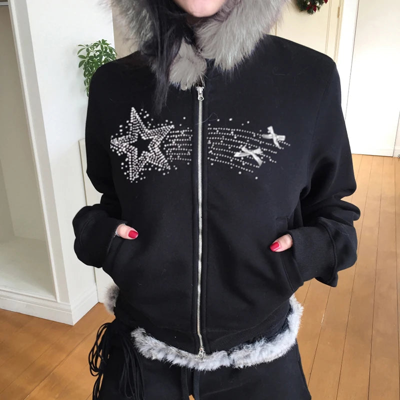 Aiertu  -  casual winter outfits Y2K Furry Hoodies Women Fashion Star Rhinestone Bow Patchwork Zipper Jacket Harajuku Grunge Hooded Coat Korean Girl Aiertu
