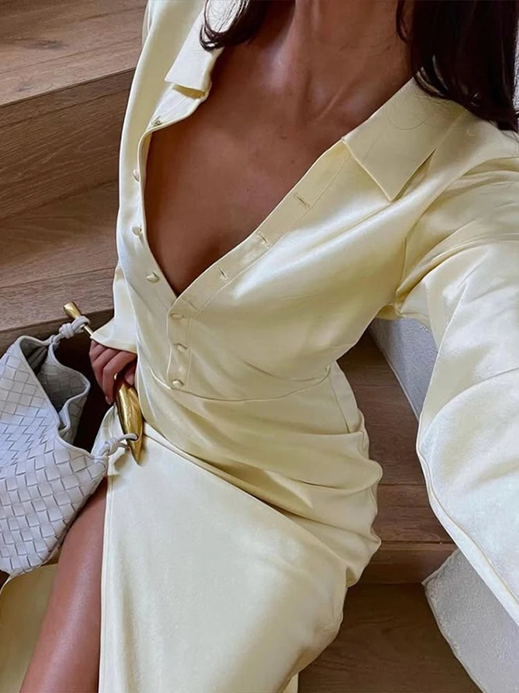 Aiertu  -  Vintage Solid Silk Shirt Long Dresses Women Elegant Loose Lapel Single Breasted High Waist Slit Dress Lady Chic Party Streetwear Aiertu