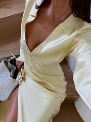 Aiertu  -  Vintage Solid Silk Shirt Long Dresses Women Elegant Loose Lapel Single Breasted High Waist Slit Dress Lady Chic Party Streetwear Aiertu