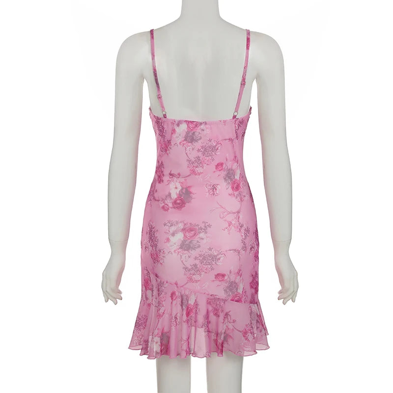 Aiertu  -  Sweety Floral Printed Lace Patchwork Strap Dress Women Summer Holiday With Frill Trim Sundress Y2K Aesthetic Slimming Aiertu