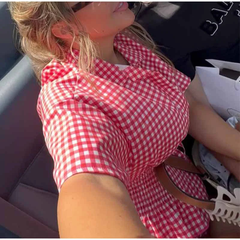 Aiertu    -  Fashion Women's Grid Shirts Shorts Suit Waist-Closed Short Sleeve Turn-Down Collar Lady Sets 2025 Summer 2 Piece Set Aiertu