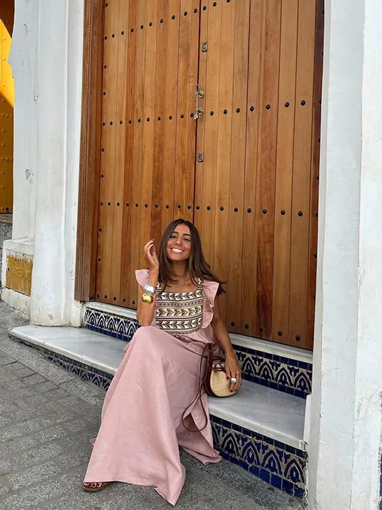 Aiertu  -  Vintage Print Flying Sleeve Dress For Women Square Neck High Waist Split A-line Dresses 2026 Summer New Female Vacation Vestidos Aiertu