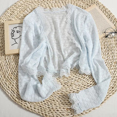 Aiertu Cropped Pink Lace Shirts Women Fashion Sheer White Long Sleeve Blouses Summer Korean Casual All Match Sun Protection Tops Aiertu