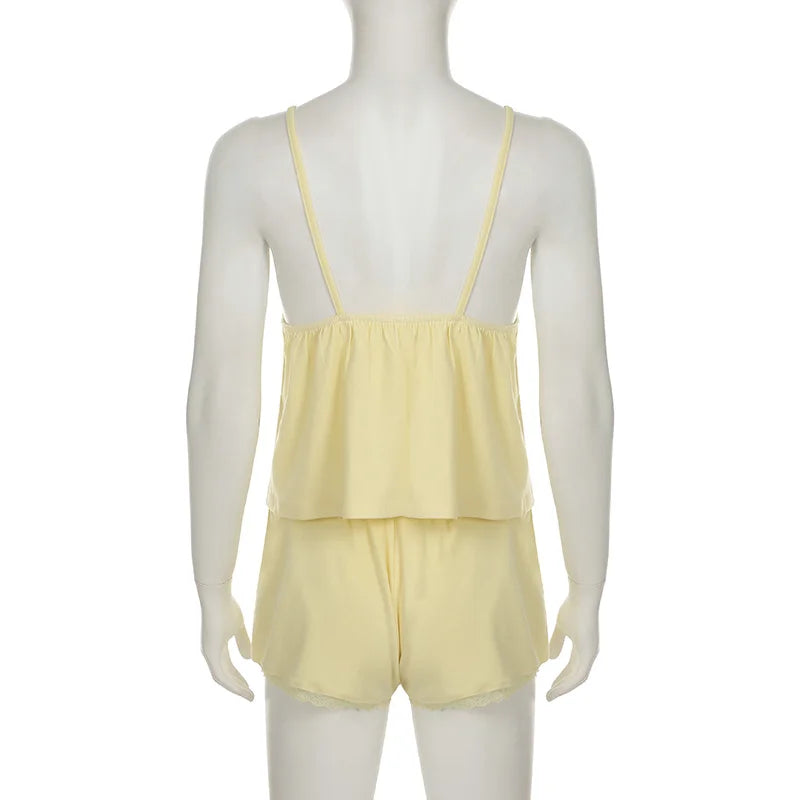 Aiertu  -  Lace Patchwork Solid Backless Two-piece Set Sleeveless Halter Vacation Sexy Sweet Suit Deep V-neck Summer Twinset Aiertu