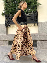 Aiertu  -  Leopard Print Elegant Big Swing Midi Skirt Women Fashion Streetwear A-line Skirt High Waist Vintage Vacation Skirt Aiertu