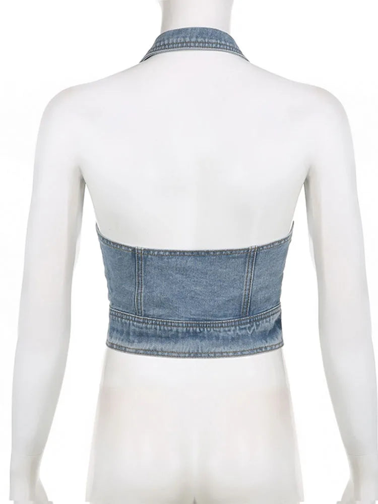 Aiertu  -  Backless Retro Pocket Crop Top Women Polo Neck Sleeveless Tank Tops Hot Girl Sexy Navel Streetwear Casual Denim Clothing Aiertu
