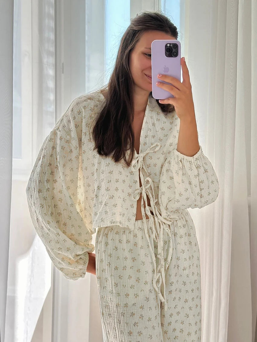 Aiertu  Printing Women Sleepwear Suit Long Sleeve Pajamas V-Neck Nightie Crop Top Nightwear Pants Casual Ladies Home Clothes Aiertu