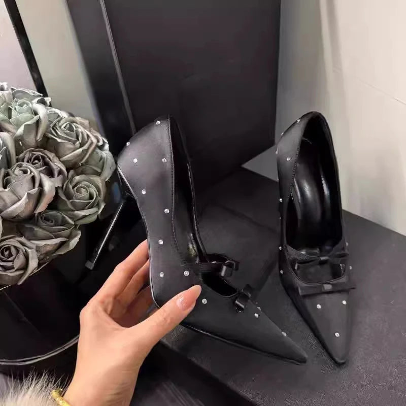 Aiertu    -  New Thin Heel Shallow Mouth Single Shoes Banquet Fashion Bow Pointed Water Diamond Silk High Heels Aiertu