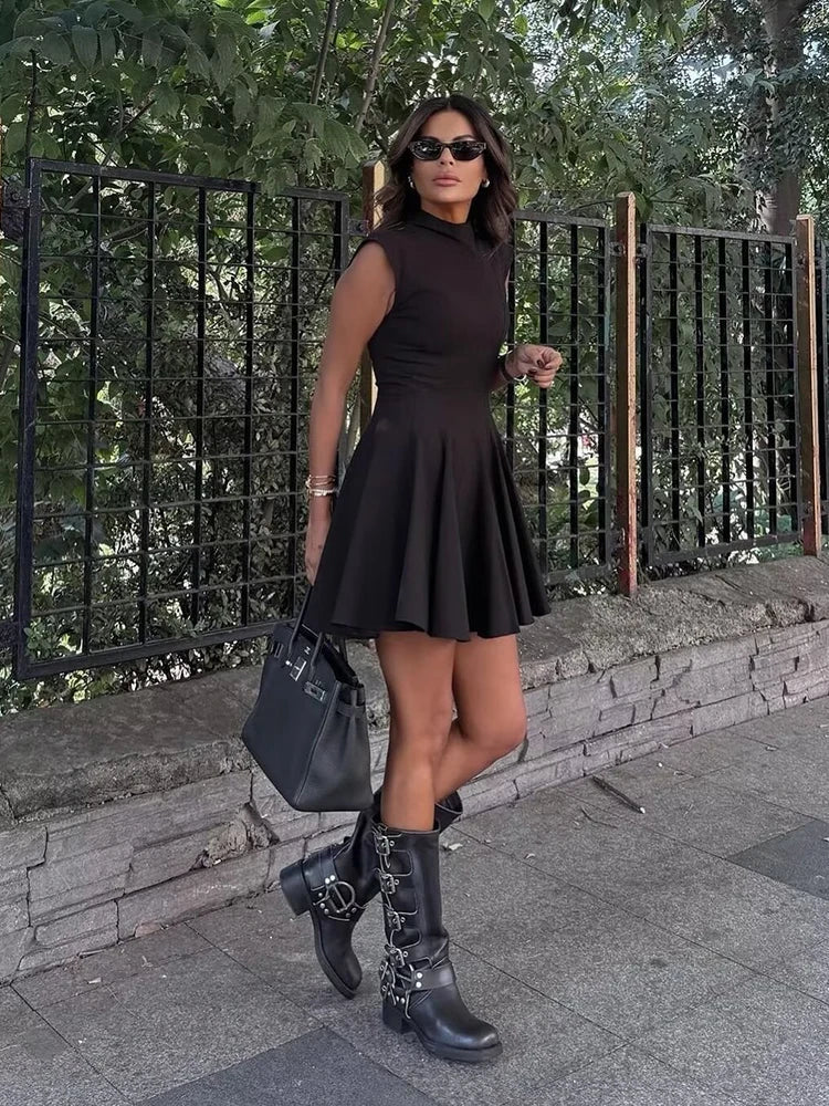 Aiertu  -  Women Fashion Solid Pleated A-Line Back Zipper Mini Dress Vintage O-Neck Sleeveless Female Chic Lady Dresses Aiertu