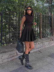 Aiertu  -  Women Fashion Solid Pleated A-Line Back Zipper Mini Dress Vintage O-Neck Sleeveless Female Chic Lady Dresses Aiertu
