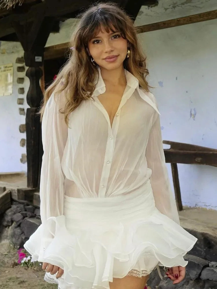Aiertu  -  New White Chiffon Dress For Women Casual Ruffled Pleated Mini Dress See-through Loose Oversized Shirt Dress Cover-Up 2026 Aiertu