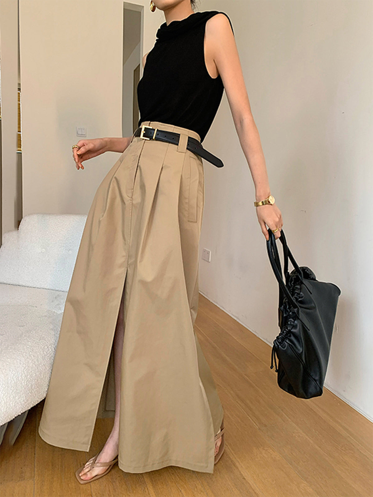 Aiertu  Oversized Cotton Split Maxi Skirt Without Belt shopify