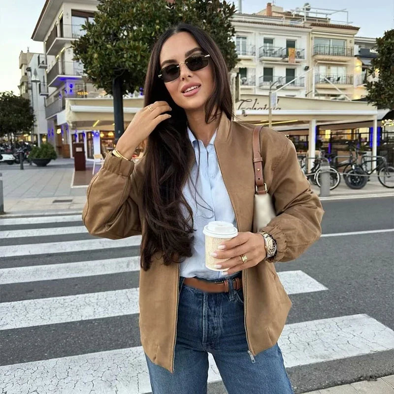 Aiertu  -  Women's Vintage Solid Jacket Loose O Neck Zipper Pocket Long Sleeve Female Coat Autumn Lady Office All-match Outwear New Aiertu