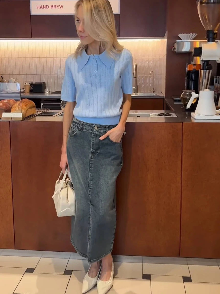 Aiertu  -  Knitted Hollow Out Solid T-shirt Women Buttons Turndown Collar Short Sleeve Tops T-shirts Summer Simple Casual Fashion Tee Shirt Aiertu