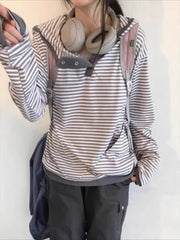 Aiertu  -  Korean Y2k Aesthetics Vintage Stripe Single Breasted Tshirts Women Harajuku Hooded T-shirt Streetwear Grunge Casual Loose Tees Aiertu