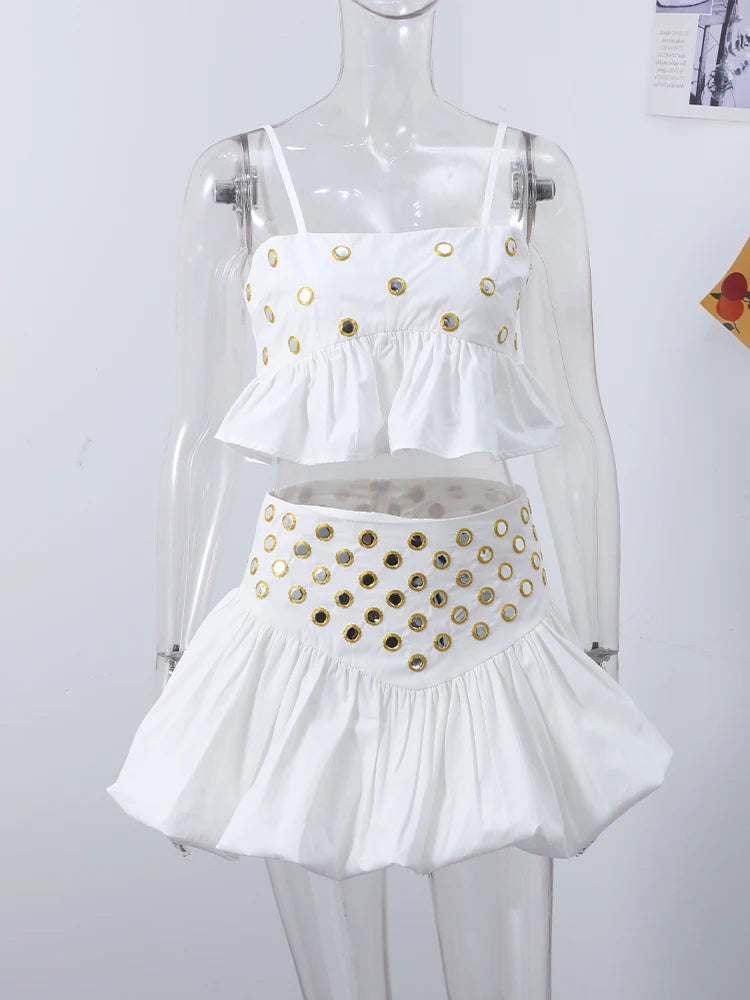 Aiertu  -  Fashion Sequin Skirt Set Women Sling Sleeveless Back Ruffle Hem Crop Tank High Waist Pleated A-line Mini Skirts Female Sets 2025 Aiertu