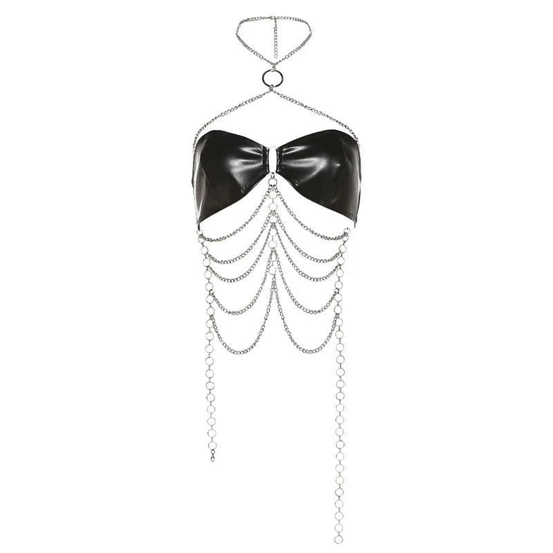 Aiertu  -  PU Splice Crop Tops Women Metal Chain Backless Halter Y2k Top Beach Club Hollow Out Sexy Sleeveless Summer Woman Vest Aiertu