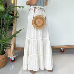 Aiertu  -  Sexy Hollow Patchwork Beach Long Skirt Lace Design Jacquard Holiday Women's Skirt Casual Elastic High Waist Pleated Split Skirt Aiertu