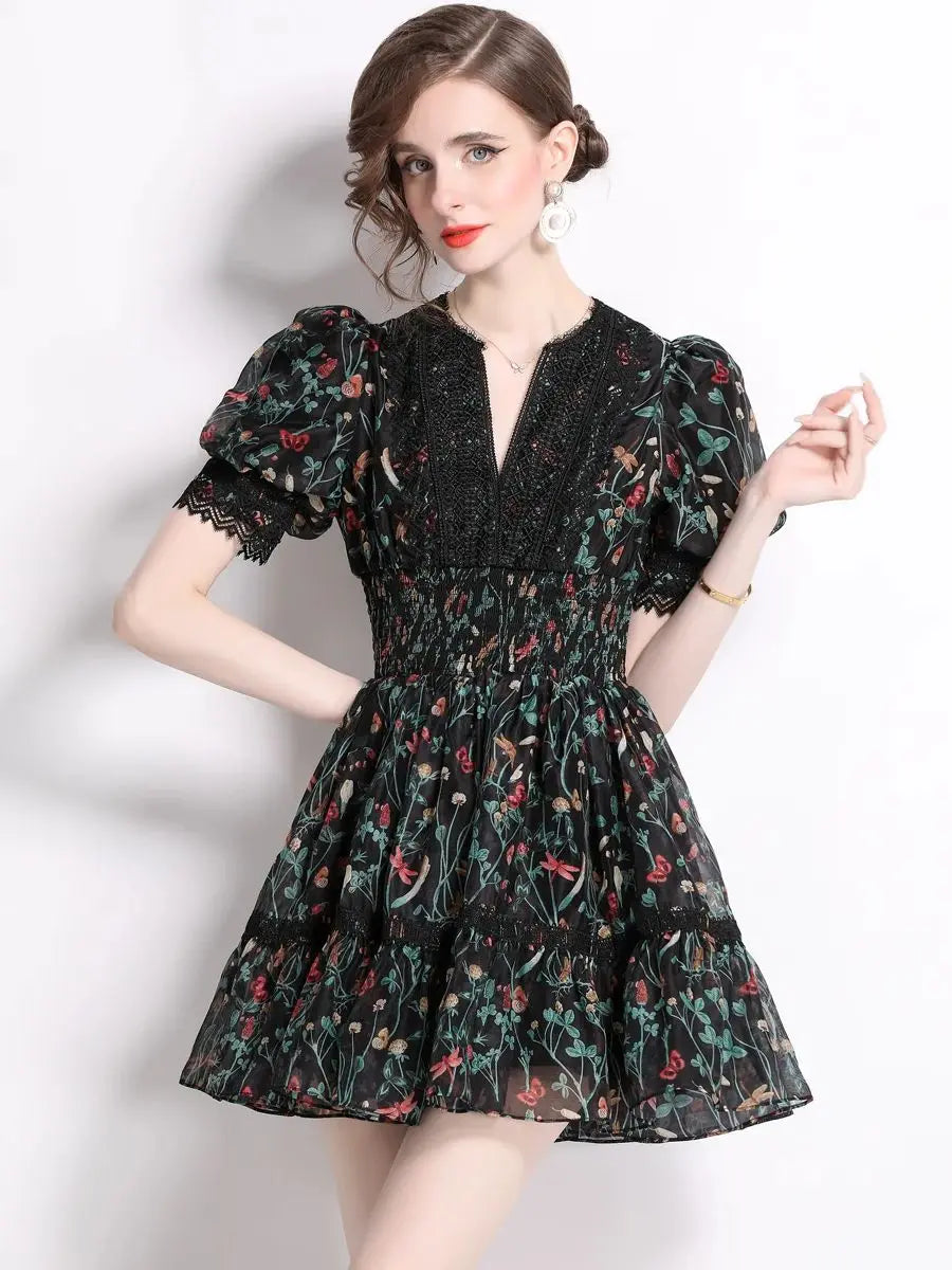 Aiertu  -  Summer Y2K Lace Trims Splice Flower Princess Short Dresses Women's Puff Sleeve V Neck Elastic Waist French Elegant Party Vestido Aiertu