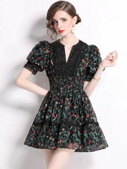 Aiertu  -  Summer Y2K Lace Trims Splice Flower Princess Short Dresses Women's Puff Sleeve V Neck Elastic Waist French Elegant Party Vestido Aiertu