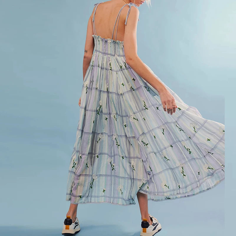 Aiertu  -  Elegant Tie-up Hight Waist Long Dress Women Sexy V-neck Sleeveless  Suspender Dress Fashion Colorful Striped Pleated Party Dress Aiertu